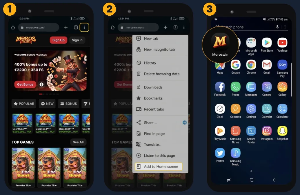Three Android screens installing the MorosWin icon from Chrome