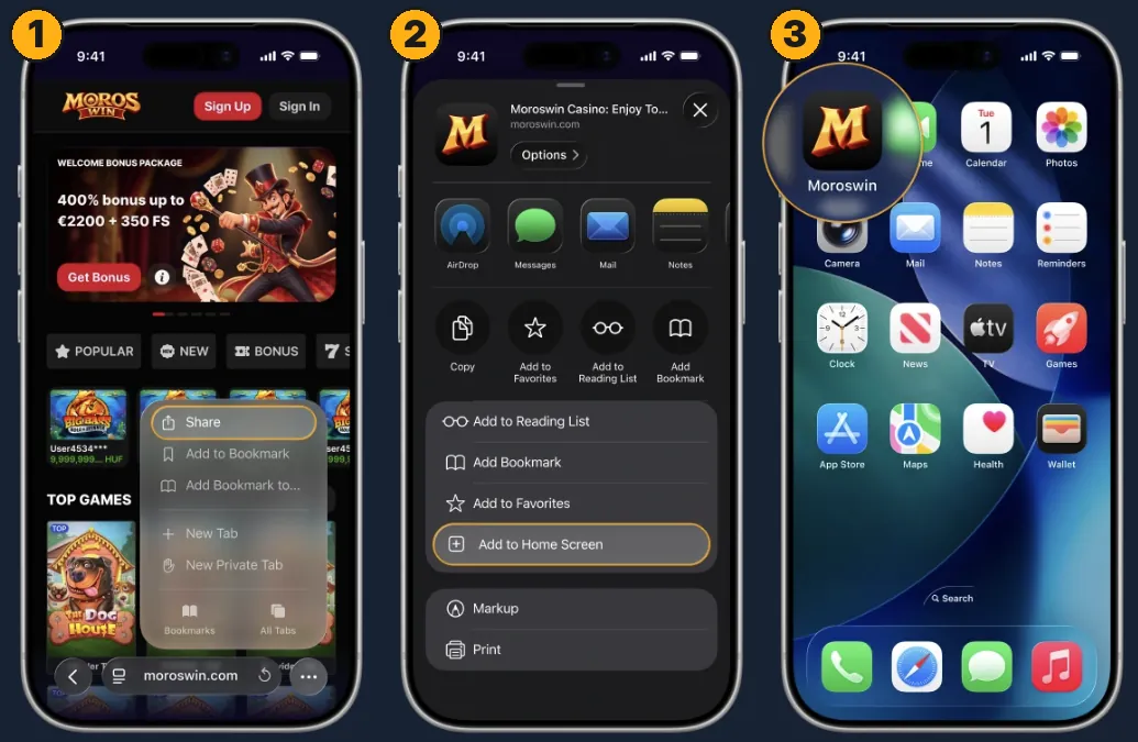 Three iPhone screens adding MorosWin to the home screen from Safari