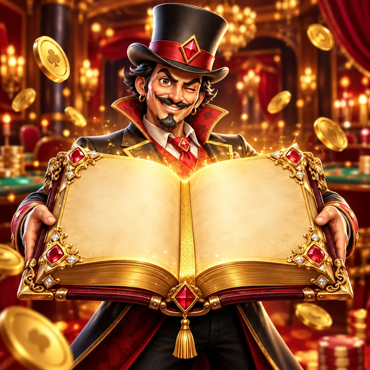 MorosWin showman winking and holding an open ruby book
